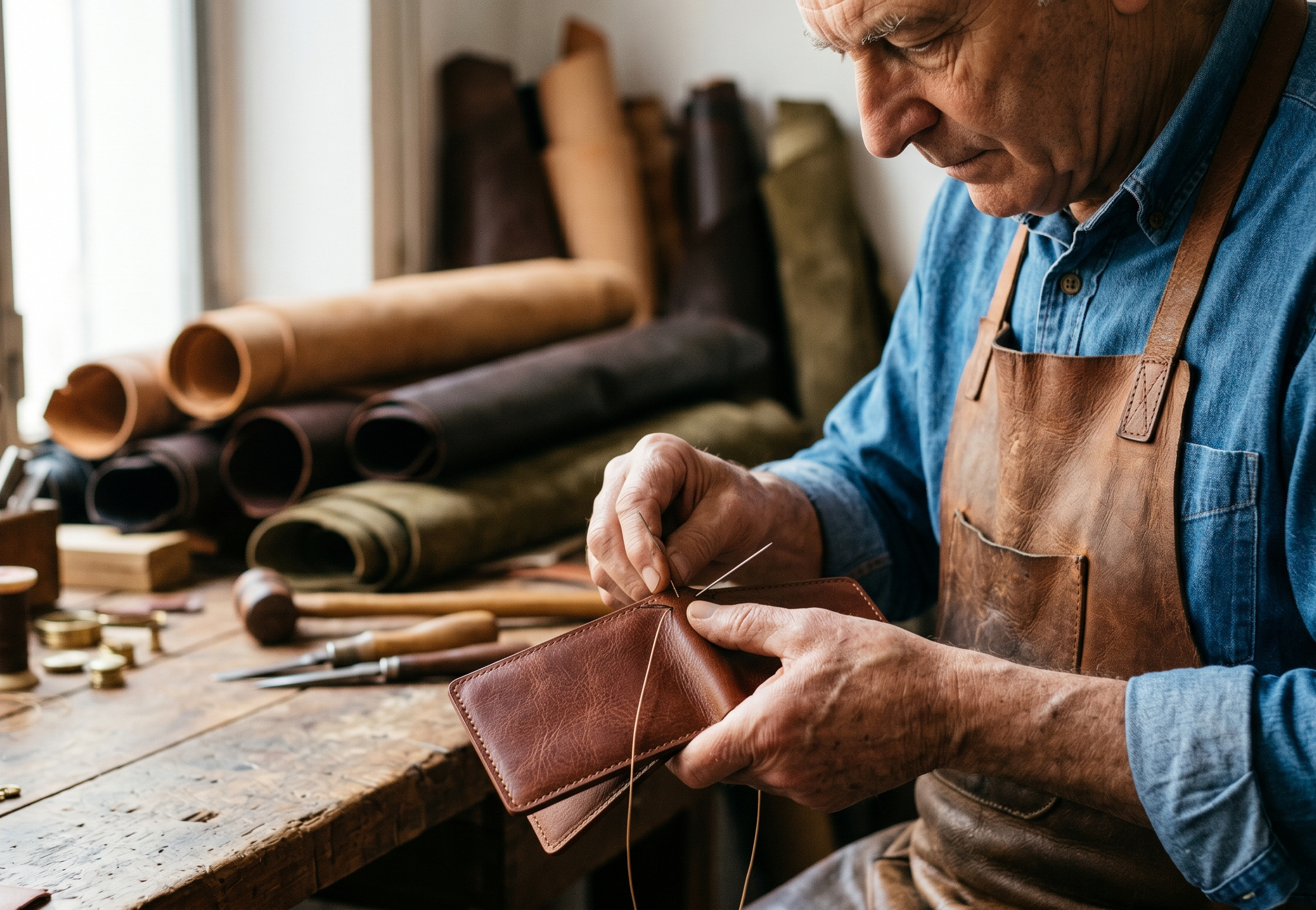 Craftsman working with leather in workshop